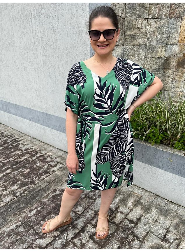 Vestido Feminino Manga Morcego Estampa Verde
